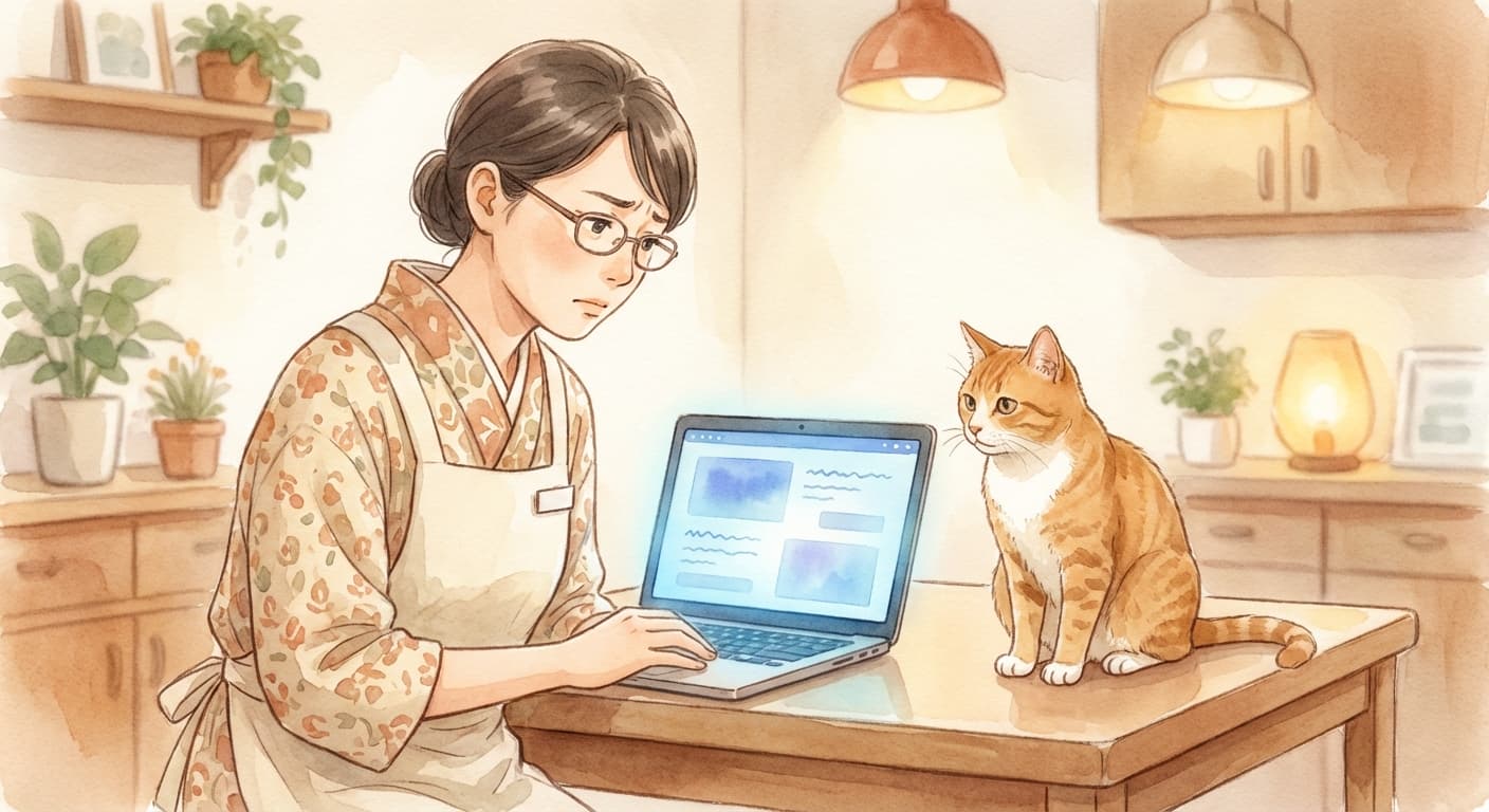 AIの出力を見て困惑する獣医師と猫のイラスト