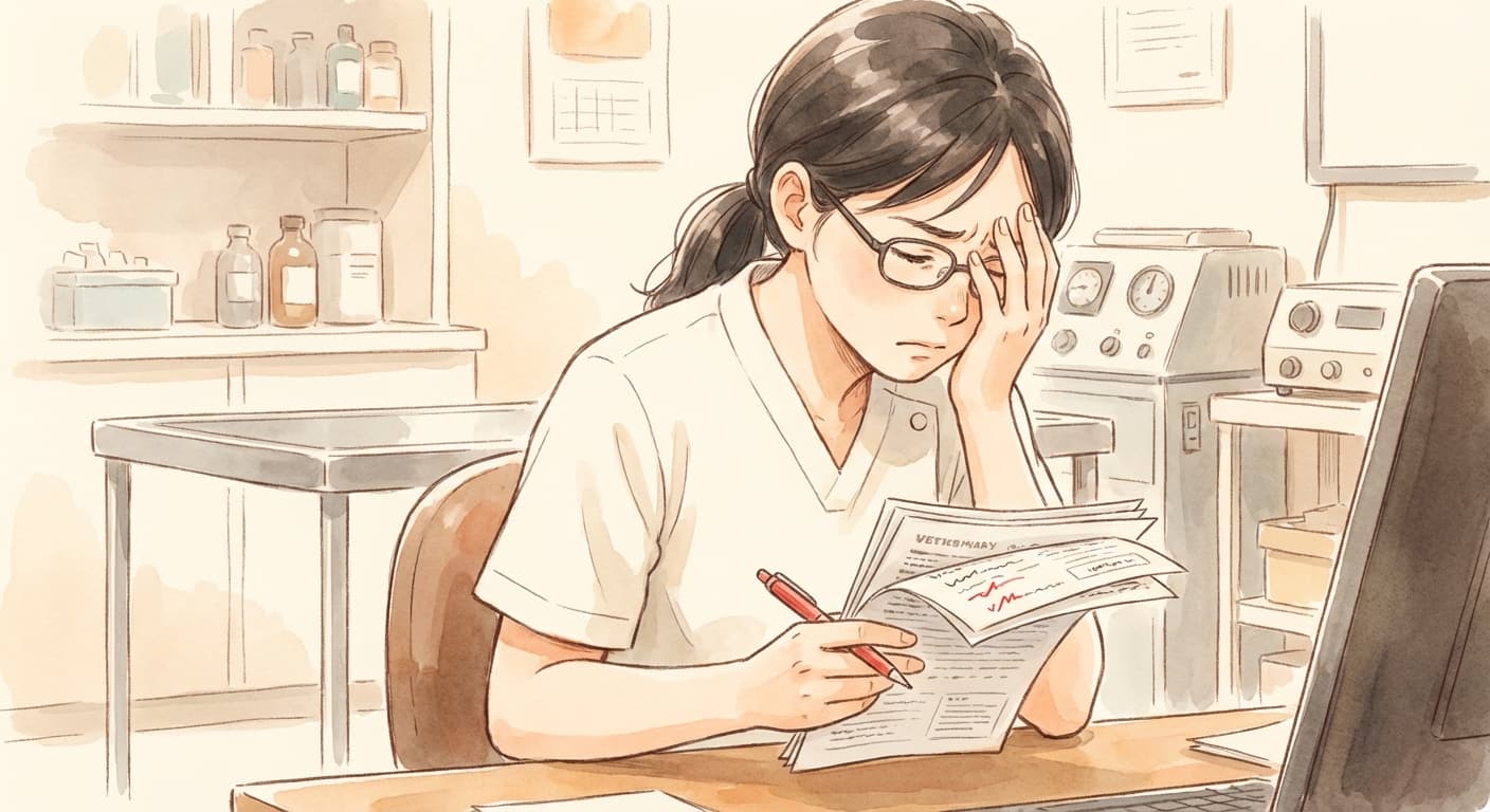 外注原稿に赤ペンを入れる獣医師のイラスト